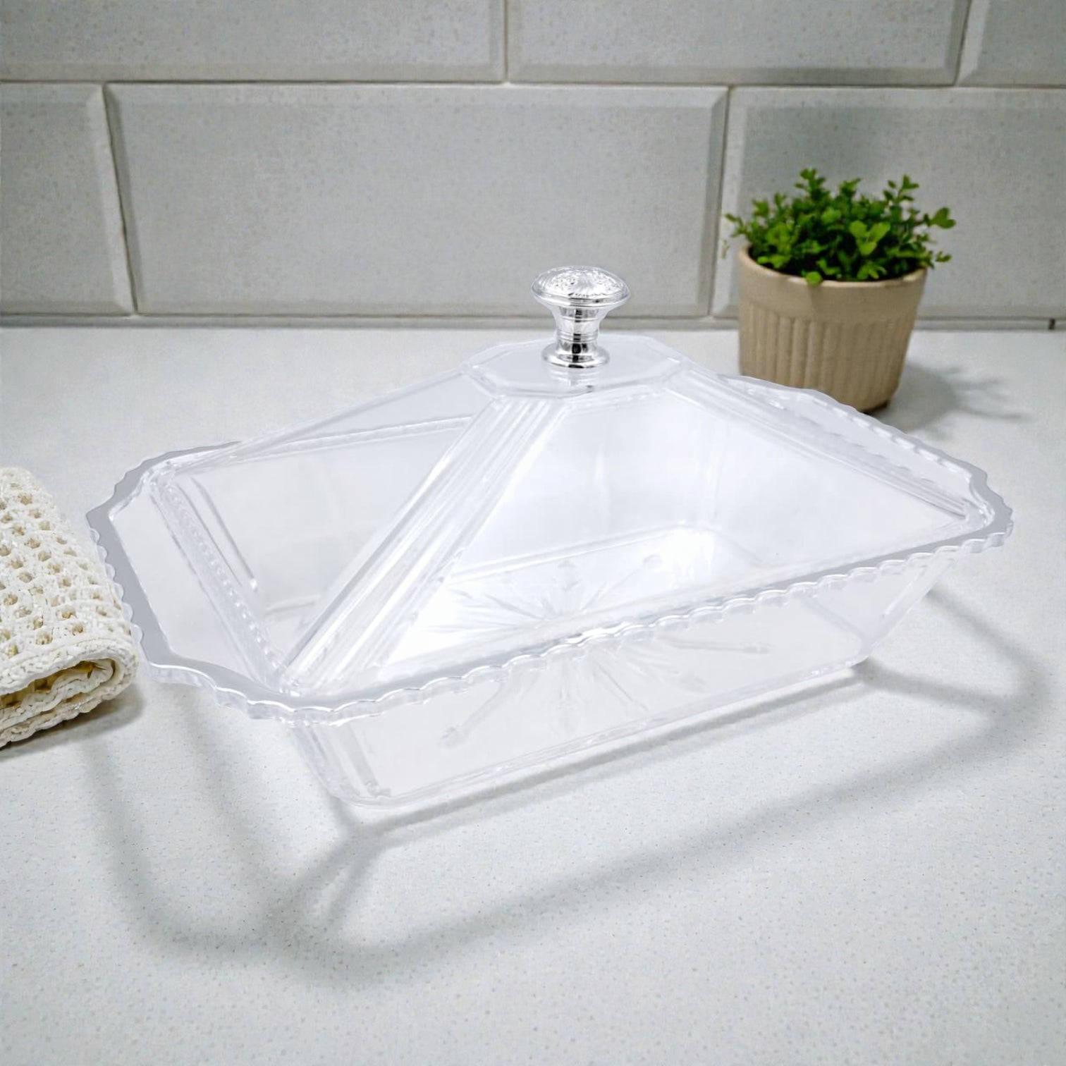 Luxury Acrylic Rectangle Candy Box & Serving Tray with Dome Cover – Crystal-Style Dessert Storage for Sweets, Snacks, Chocolates & Pastries – Silver Clear Lid - Damoo