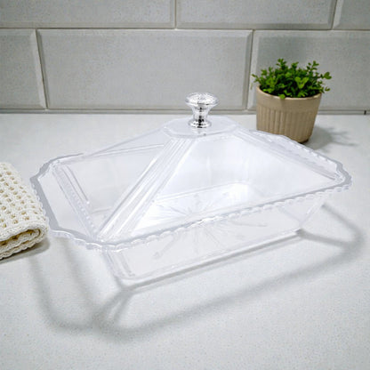 Luxury Acrylic Rectangle Candy Box & Serving Tray with Dome Cover – Crystal-Style Dessert Storage for Sweets, Snacks, Chocolates & Pastries – Silver Clear Lid - Damoo