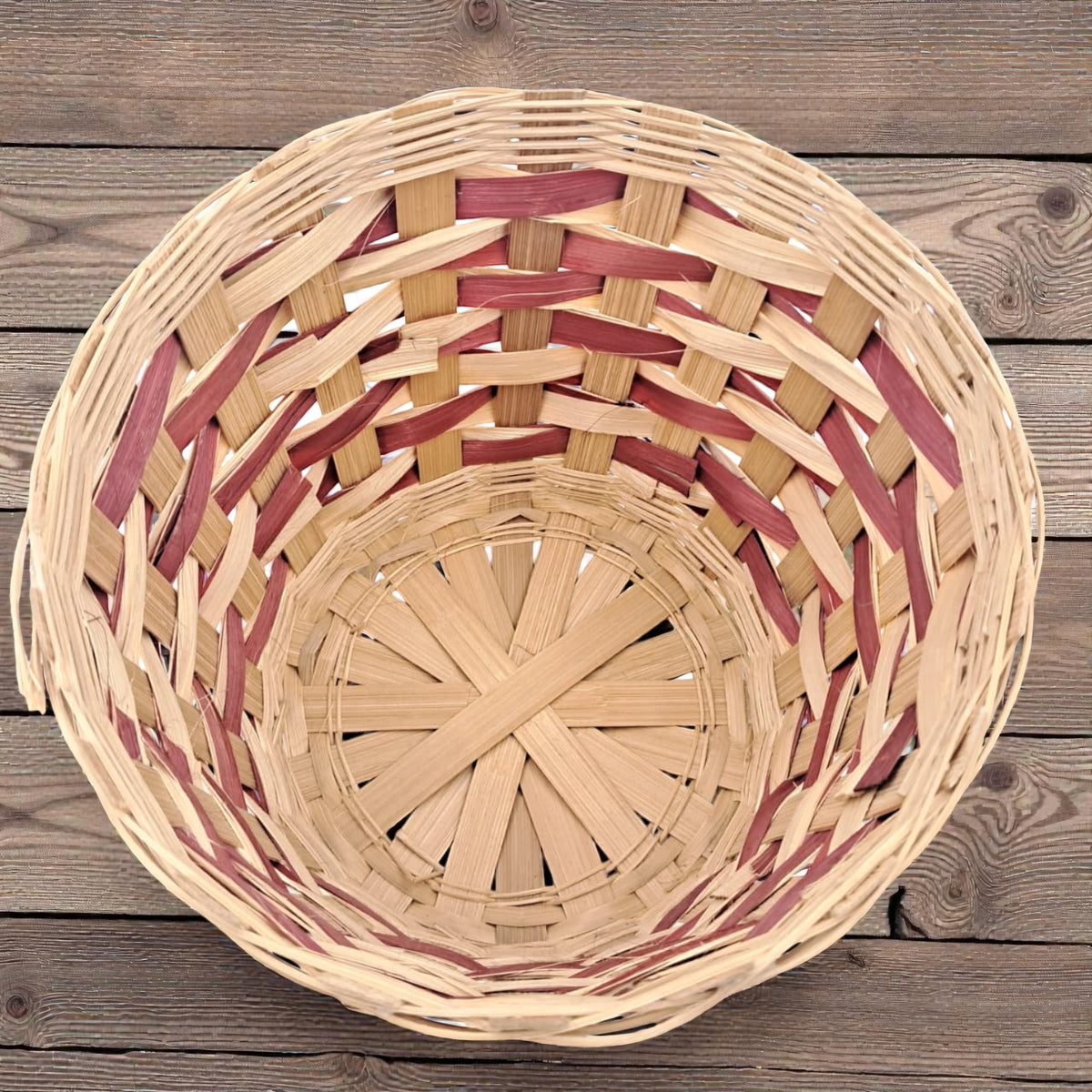 Handwoven Round Bamboo Basket – Natural & Red Accent Decorative Storage Basket (16H x 19L × 19W CM) - Damoo