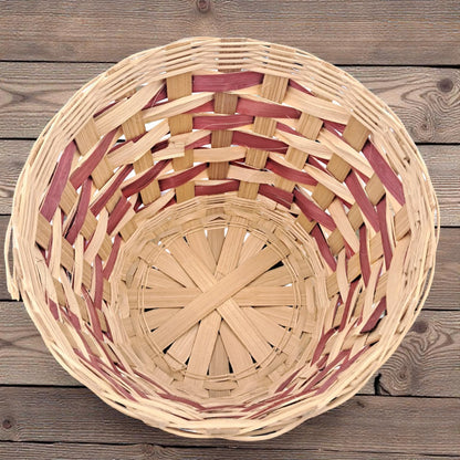 Handwoven Round Bamboo Basket – Natural & Red Accent Decorative Storage Basket (16H x 19L × 19W CM) - Damoo