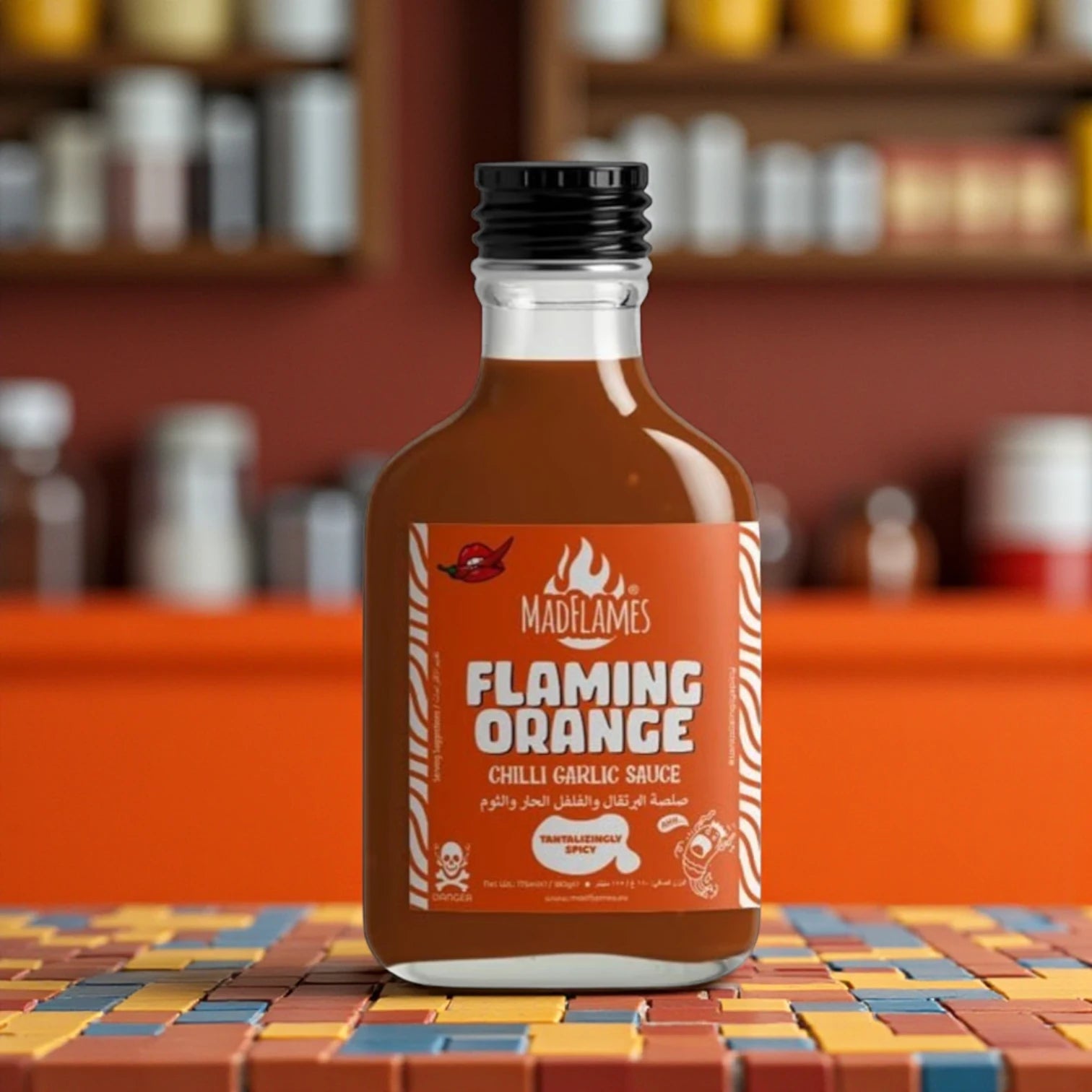 MadFlames Flaming Orange Chili Garlic Sauce “The Holy Sauce” – 180g – Bhut Jolokia Ghost Pepper Hot Sauce with Garlic – Extreme Heat Gourmet Sauce for Wings, Tacos, Noodles & More - Damoo