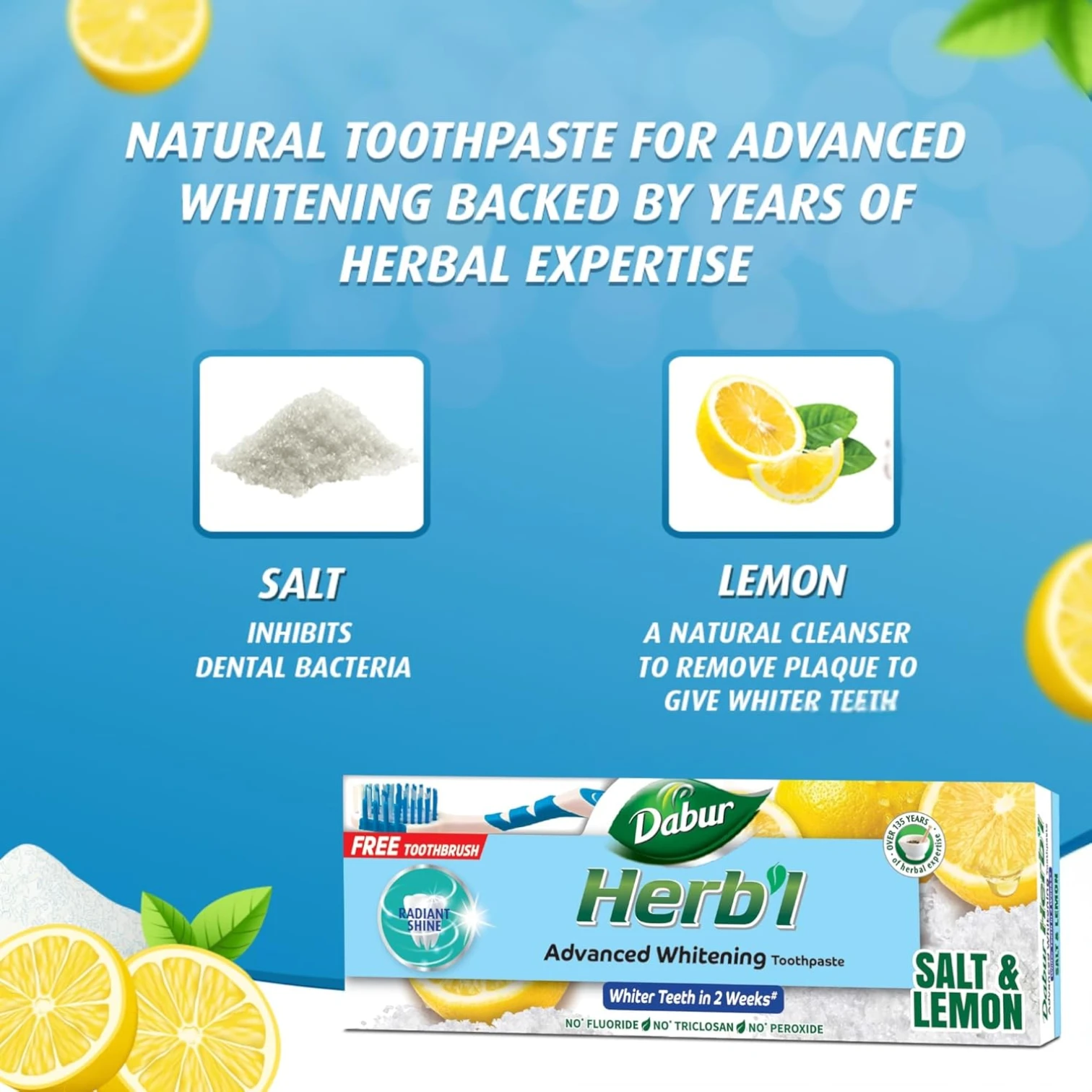 Dabur 2 Pcs Herbal Whitening Natural Toothpaste with Salt & Lemon + Complimentary Toothbrush – Fluoride-Free, Chemical-Free Formula – 150g – For Stain Removal, Plaque Control & Sparkling White Teeth - Damoo