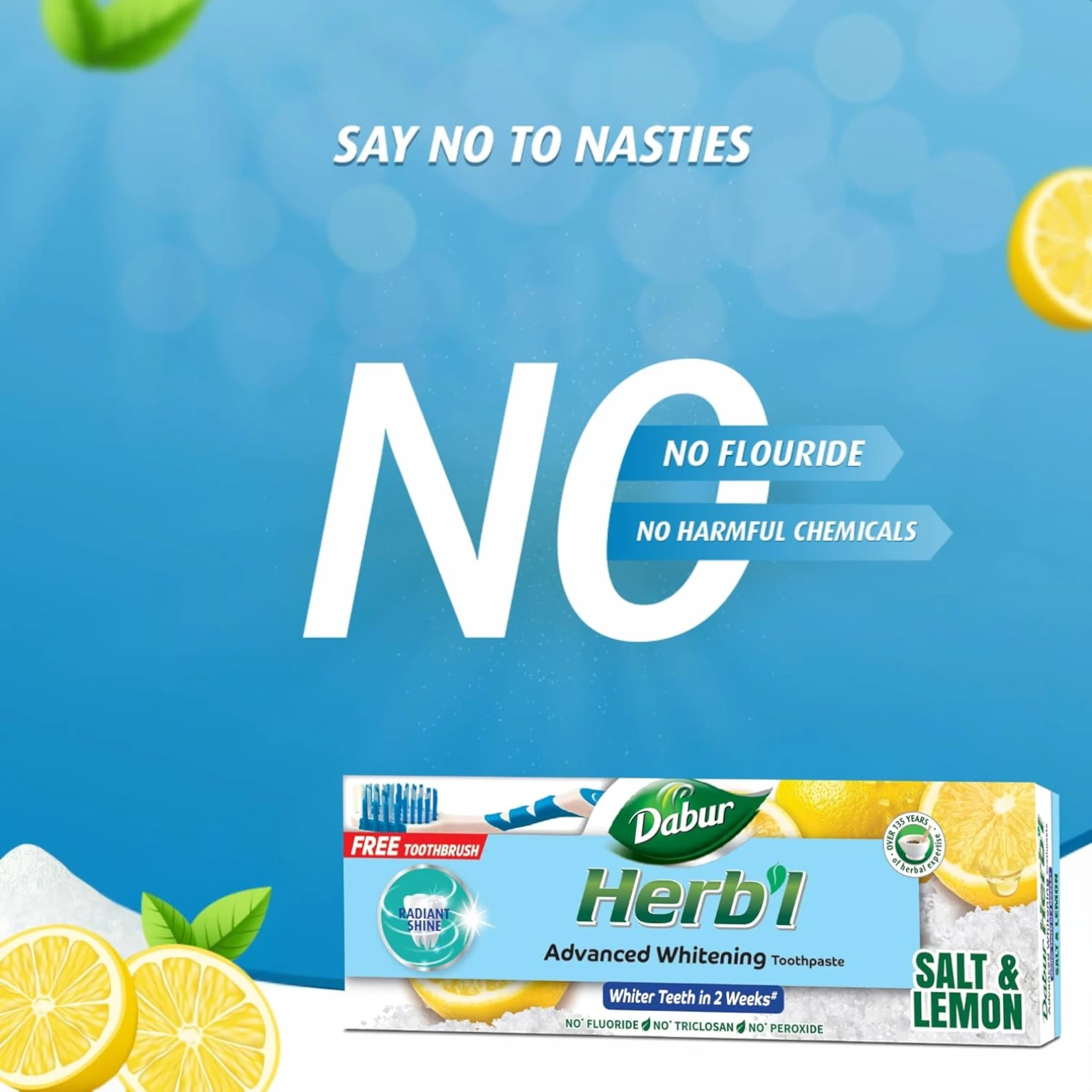 Dabur 2 Pcs Herbal Whitening Natural Toothpaste with Salt & Lemon + Complimentary Toothbrush – Fluoride-Free, Chemical-Free Formula – 150g – For Stain Removal, Plaque Control & Sparkling White Teeth - Damoo