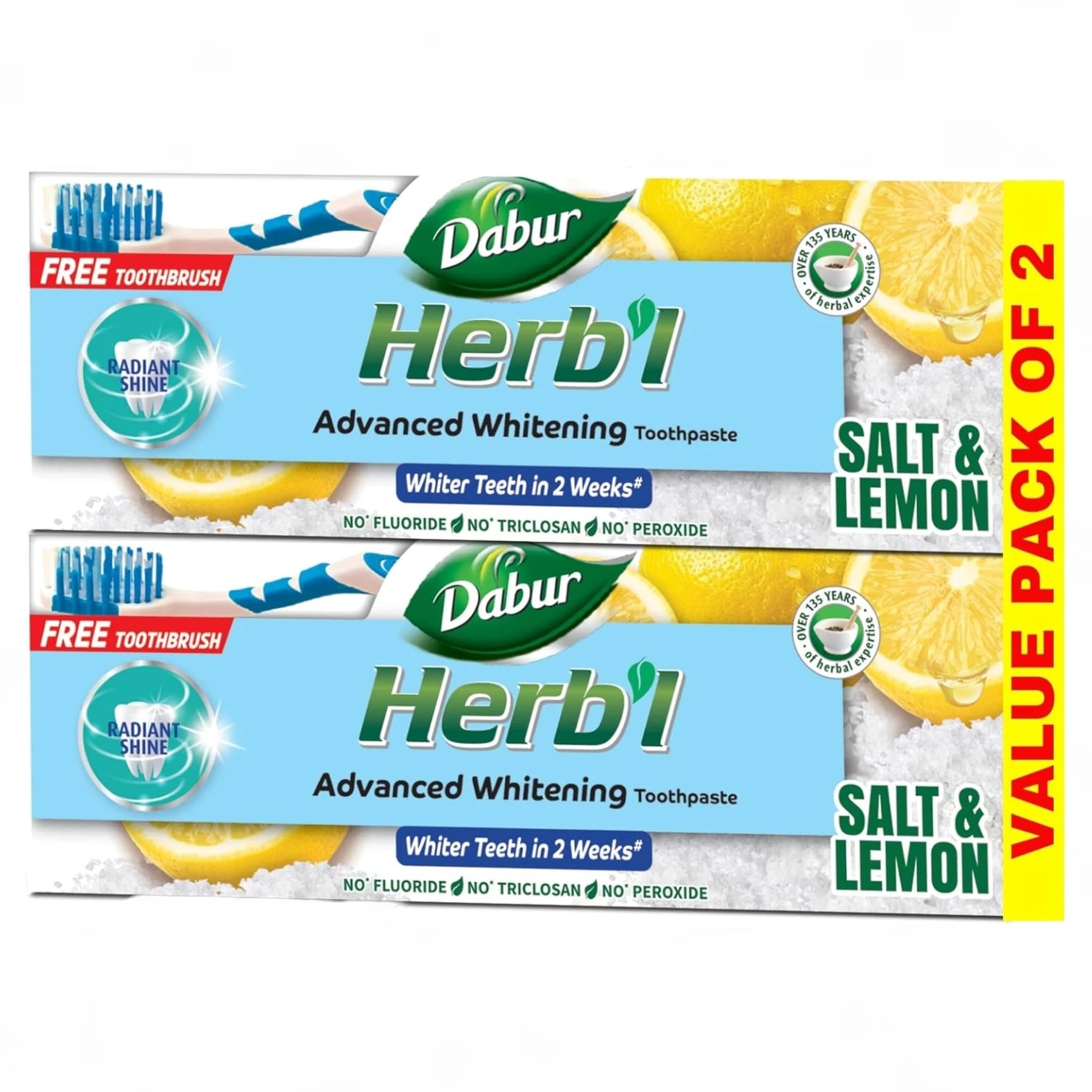 Dabur 2 Pcs Herbal Whitening Natural Toothpaste with Salt & Lemon + Complimentary Toothbrush – Fluoride-Free, Chemical-Free Formula – 150g – For Stain Removal, Plaque Control & Sparkling White Teeth - Damoo