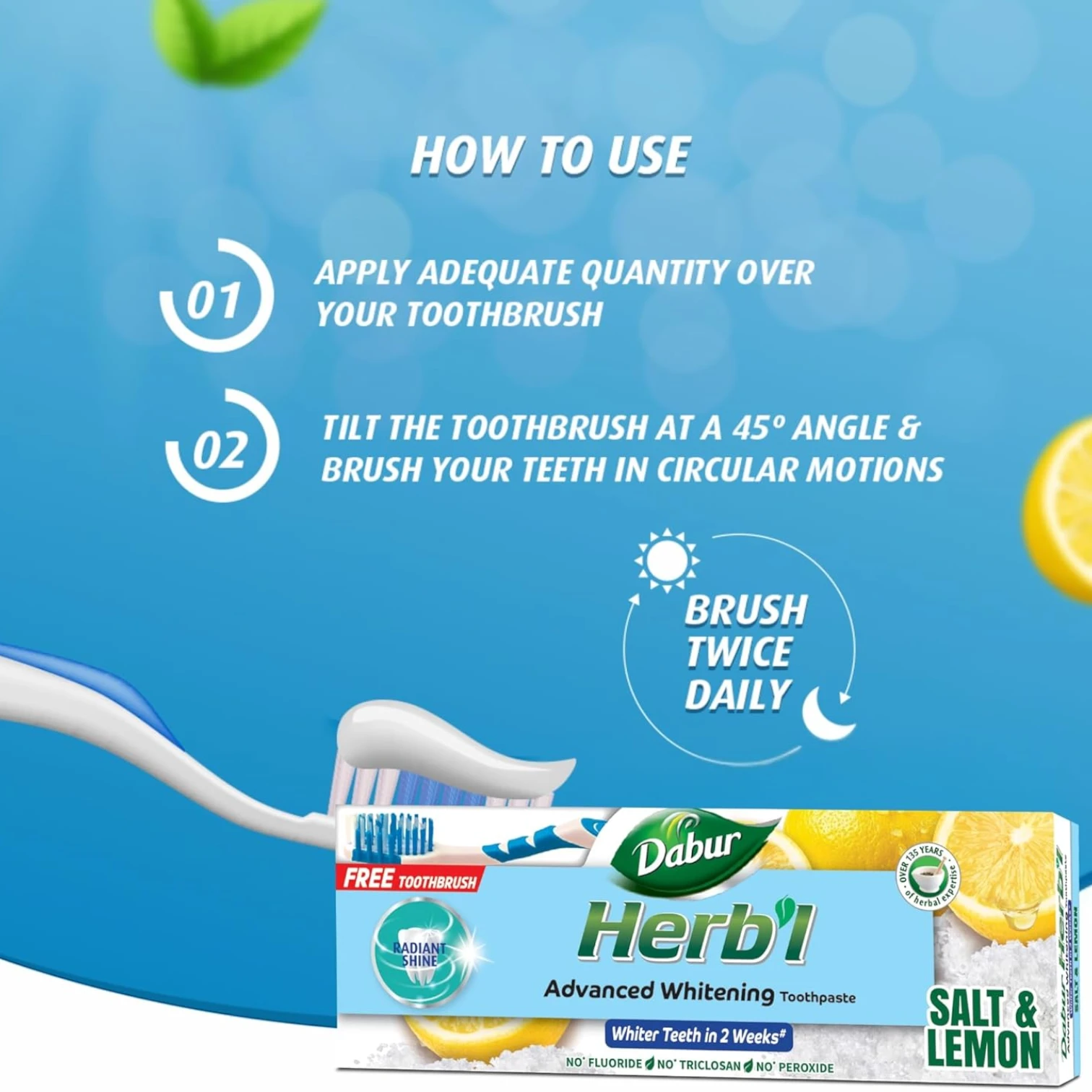 Dabur 2 Pcs Herbal Whitening Natural Toothpaste with Salt & Lemon + Complimentary Toothbrush – Fluoride-Free, Chemical-Free Formula – 150g – For Stain Removal, Plaque Control & Sparkling White Teeth - Damoo