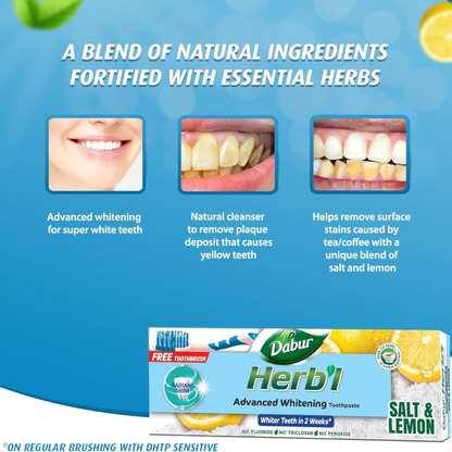 Dabur 2 Pcs Herbal Whitening Natural Toothpaste with Salt & Lemon + Complimentary Toothbrush – Fluoride-Free, Chemical-Free Formula – 150g – For Stain Removal, Plaque Control & Sparkling White Teeth - Damoo