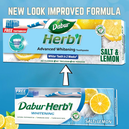 Dabur 2 Pcs Herbal Whitening Natural Toothpaste with Salt & Lemon + Complimentary Toothbrush – Fluoride-Free, Chemical-Free Formula – 150g – For Stain Removal, Plaque Control & Sparkling White Teeth - Damoo