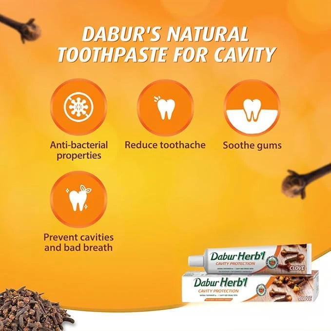 Dabur Herbal Clove Toothpaste 2x150g | Cavity Protection with Natural Clove Extract | No Fluoride or Harsh Chemicals | Strong Teeth & Fresh Breath | Ayurvedic Oral Care - Damoo