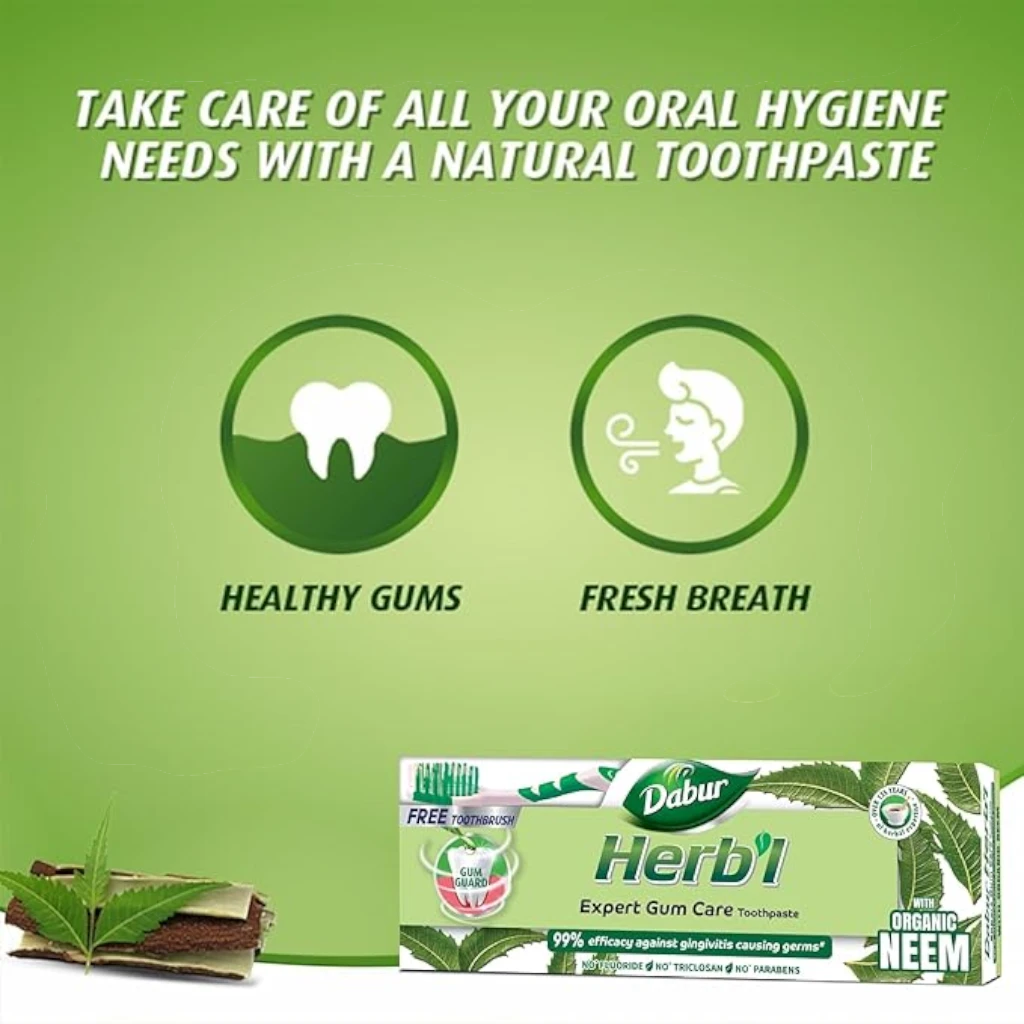 Dabur Herbal Neem Toothpaste with Natural Calcium – 150g + Free Toothbrush | Fluoride-Free Natural Toothpaste for Healthy Gums, Cavity Protection & Long-Lasting Fresh Breath - Damoo
