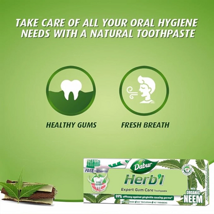 Dabur Herbal Neem Toothpaste with Natural Calcium – 150g + Free Toothbrush | Fluoride-Free Natural Toothpaste for Healthy Gums, Cavity Protection & Long-Lasting Fresh Breath - Damoo