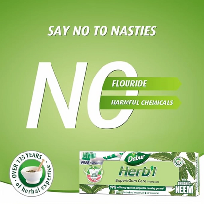 Dabur Herbal Neem Toothpaste with Natural Calcium – 150g + Free Toothbrush | Fluoride-Free Natural Toothpaste for Healthy Gums, Cavity Protection & Long-Lasting Fresh Breath - Damoo