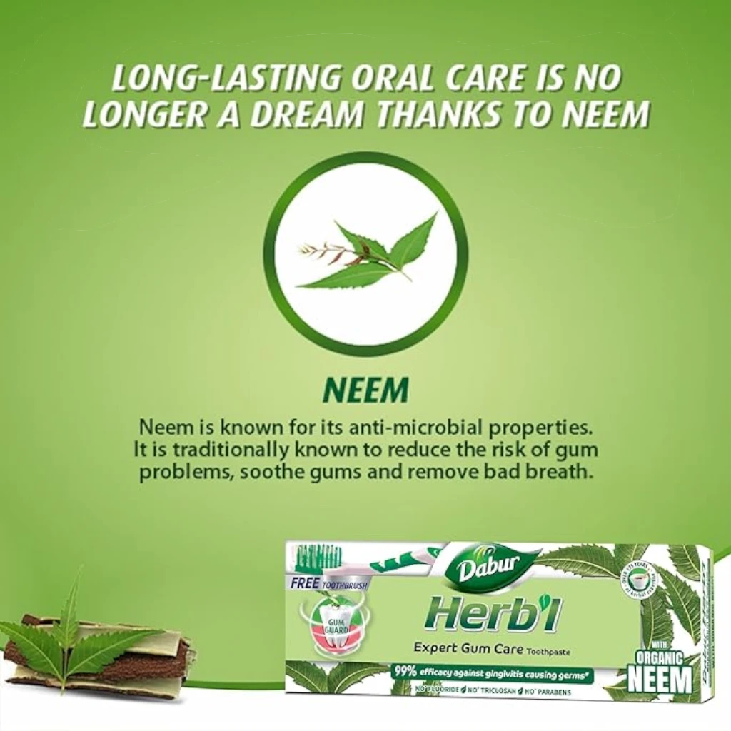 Dabur Herbal Neem Toothpaste with Natural Calcium – 150g + Free Toothbrush | Fluoride-Free Natural Toothpaste for Healthy Gums, Cavity Protection & Long-Lasting Fresh Breath - Damoo