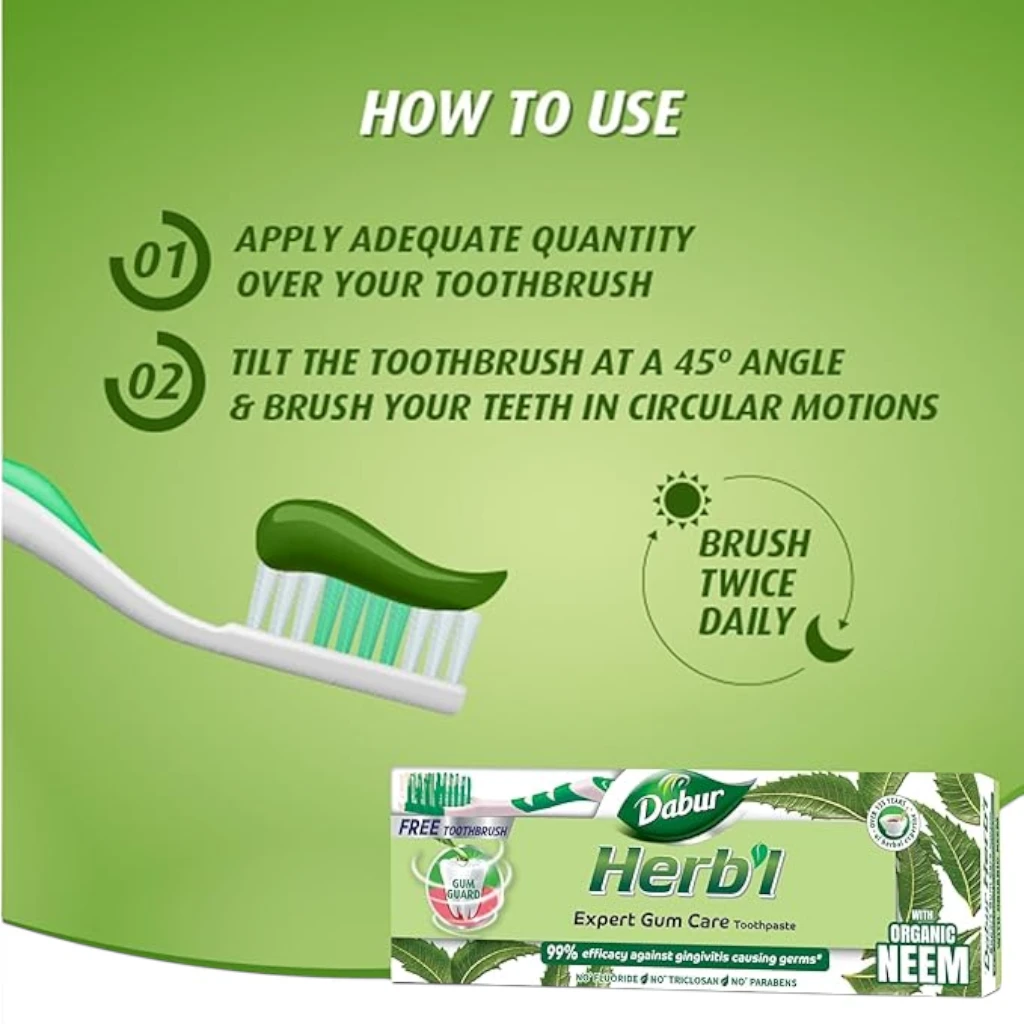 Dabur Herbal Neem Toothpaste with Natural Calcium – 150g + Free Toothbrush | Fluoride-Free Natural Toothpaste for Healthy Gums, Cavity Protection & Long-Lasting Fresh Breath - Damoo