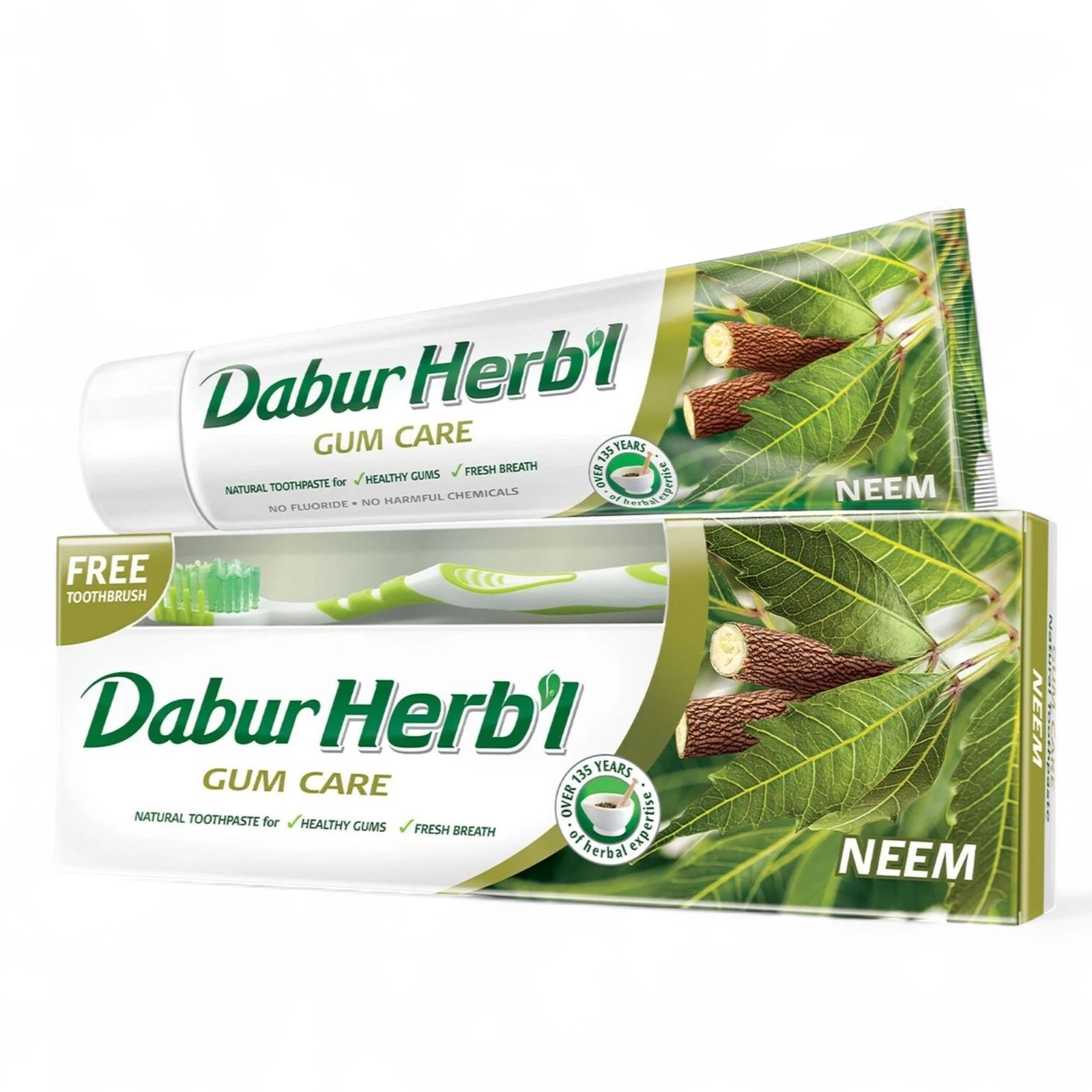 Dabur Herbal Neem Toothpaste with Natural Calcium – 150g + Free Toothbrush | Fluoride-Free Natural Toothpaste for Healthy Gums, Cavity Protection & Long-Lasting Fresh Breath - Damoo