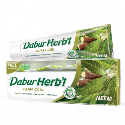 Dabur Herbal Neem Toothpaste with Natural Calcium – 150g + Free Toothbrush | Fluoride-Free Natural Toothpaste for Healthy Gums, Cavity Protection & Long-Lasting Fresh Breath - Damoo