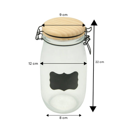 Damoo 1L Airtight Glass Storage Jar with Natural Wooden Lid, Chalkboard Label & Locking Clip – Rustic Reusable Pantry Container for Kitchen, Spices, Coffee, Snacks, Dry Food & Home Organization - Damoo