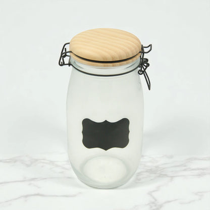 Damoo 1L Airtight Glass Storage Jar with Natural Wooden Lid, Chalkboard Label & Locking Clip – Rustic Reusable Pantry Container for Kitchen, Spices, Coffee, Snacks, Dry Food & Home Organization - Damoo