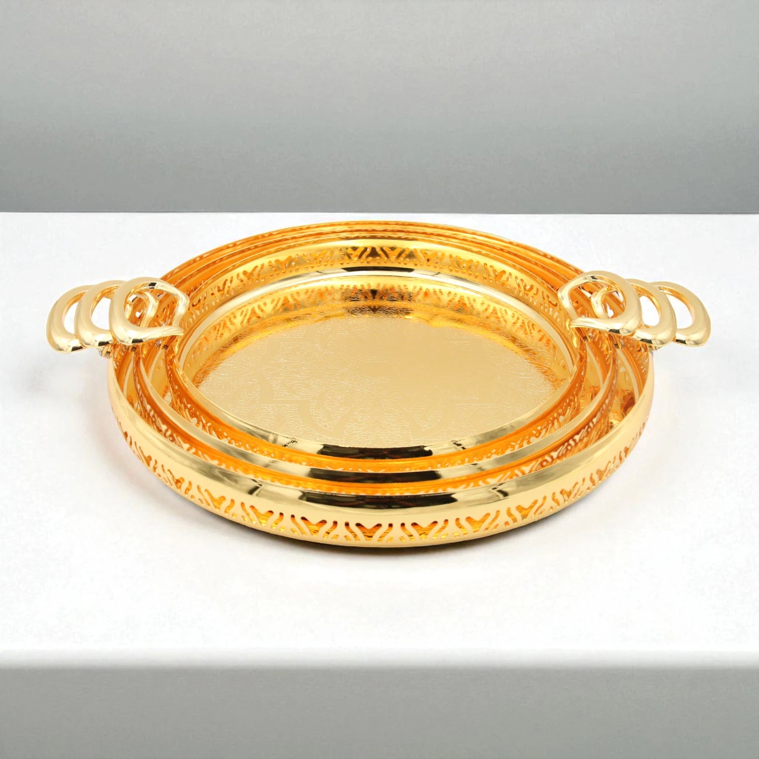 Damoo 3-Piece Luxury Gold Round Serving Tray Set – Elegant Arabic Design with Ornate Handles – Decorative Metal Trays for Tea, Coffee, Sweets & Home Decor - Damoo
