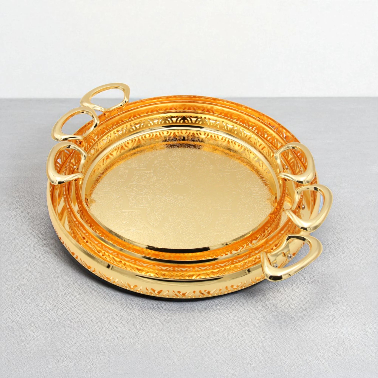Damoo 3-Piece Luxury Gold Round Serving Tray Set – Elegant Arabic Design with Ornate Handles – Decorative Metal Trays for Tea, Coffee, Sweets & Home Decor - Damoo