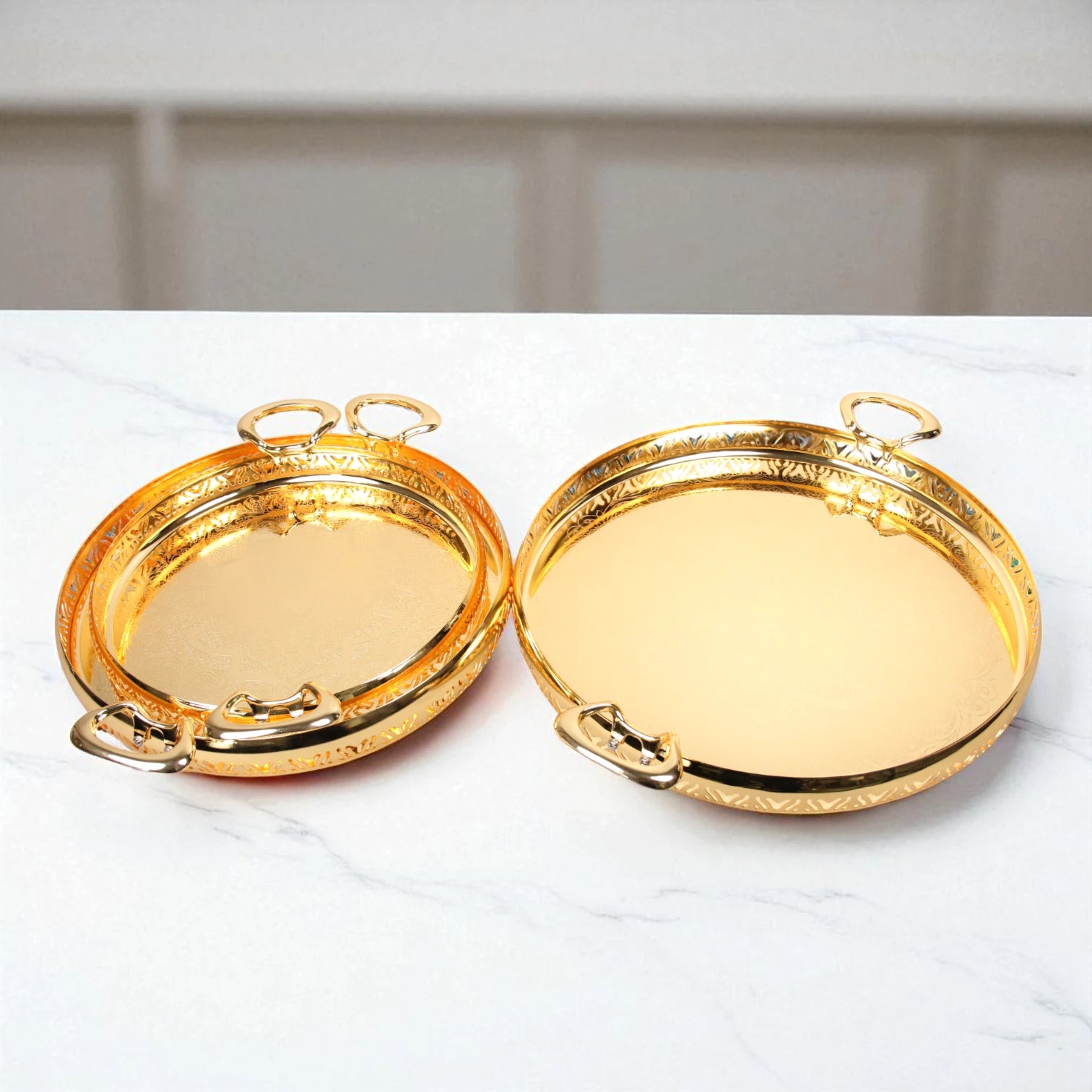 Damoo 3-Piece Luxury Gold Round Serving Tray Set – Elegant Arabic Design with Ornate Handles – Decorative Metal Trays for Tea, Coffee, Sweets & Home Decor - Damoo