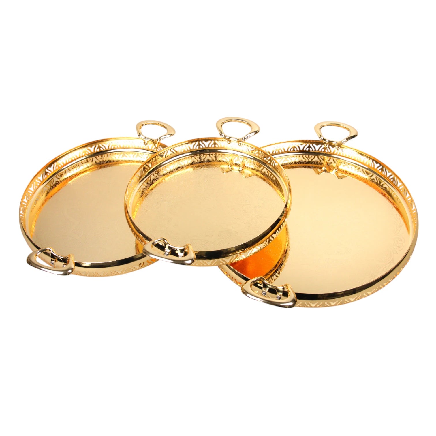 Damoo 3-Piece Luxury Gold Round Serving Tray Set – Elegant Arabic Design with Ornate Handles – Decorative Metal Trays for Tea, Coffee, Sweets & Home Decor - Damoo