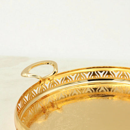 Damoo 3-Piece Luxury Gold Round Serving Tray Set – Elegant Arabic Design with Ornate Handles – Decorative Metal Trays for Tea, Coffee, Sweets & Home Decor - Damoo