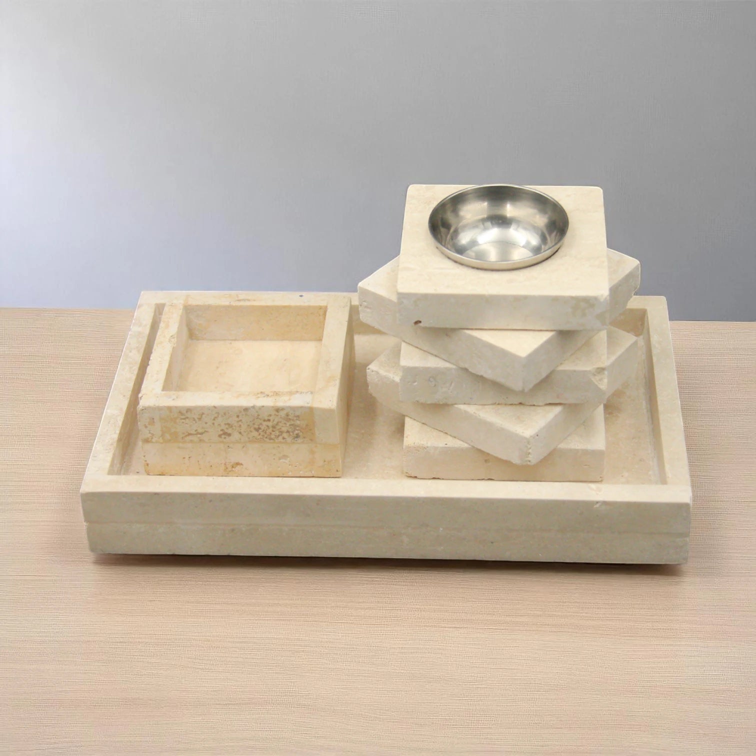 Damoo 3-Piece Natural Stone Incense Burner Set – Rectangular Tray, Ash Catcher, and Tower Diffuser with Metal Holder – Handcrafted Beige Marble Look" - Damoo