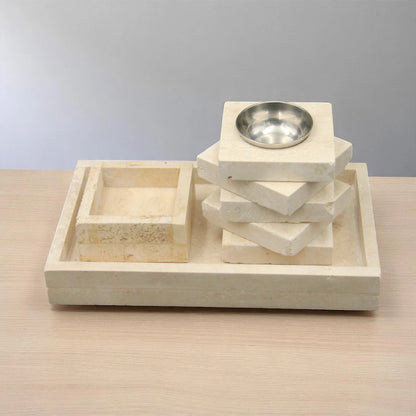 Damoo 3-Piece Natural Stone Incense Burner Set – Rectangular Tray, Ash Catcher, and Tower Diffuser with Metal Holder – Handcrafted Beige Marble Look" - Damoo