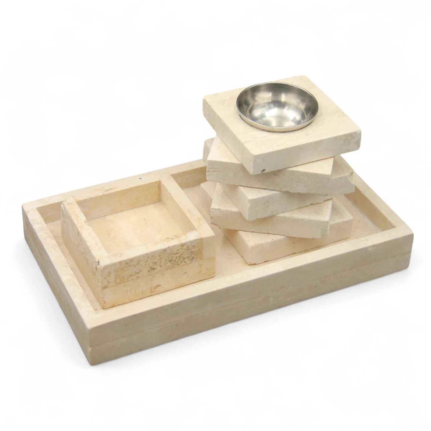 Damoo 3-Piece Natural Stone Incense Burner Set – Rectangular Tray, Ash Catcher, and Tower Diffuser with Metal Holder – Handcrafted Beige Marble Look" - Damoo
