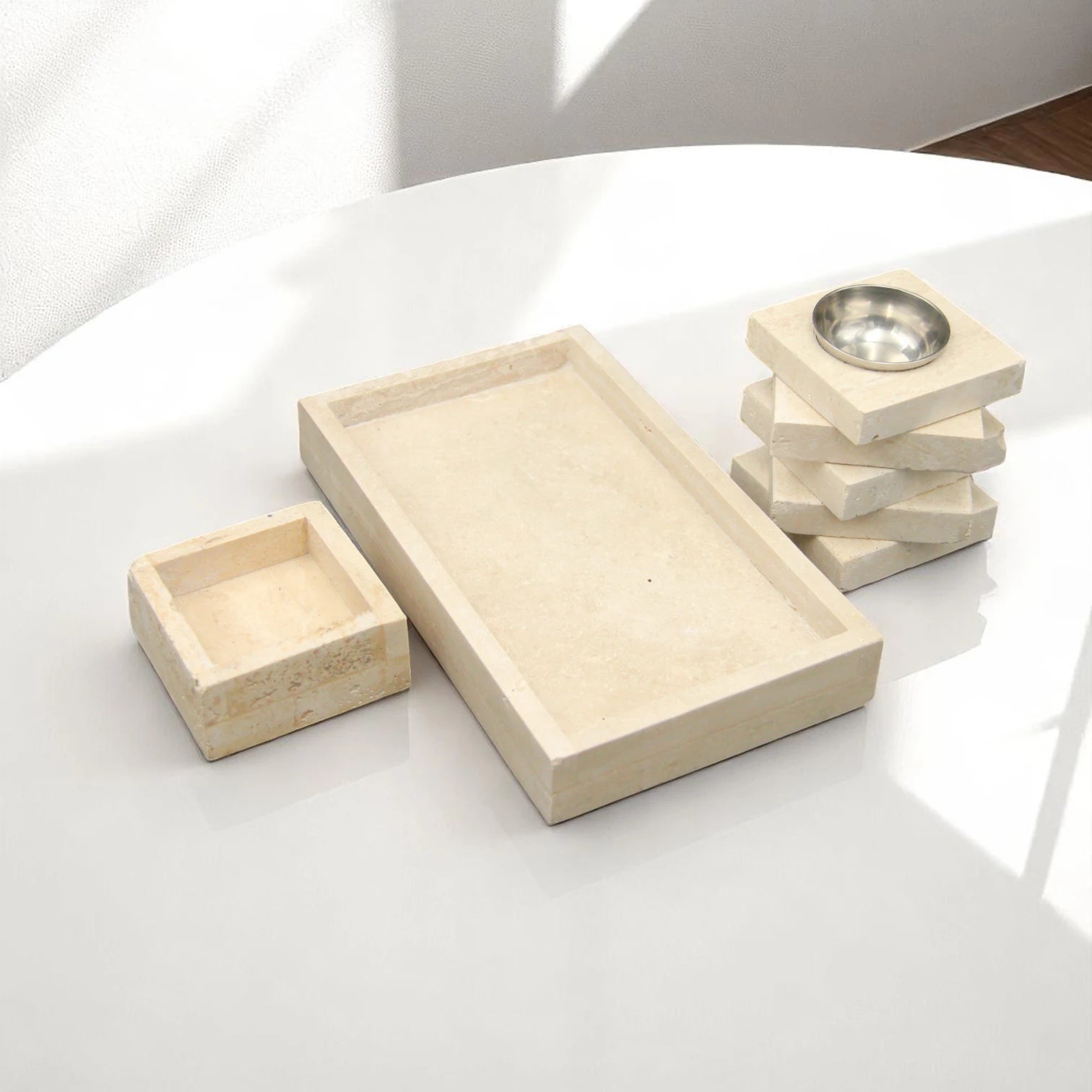 Damoo 3-Piece Natural Stone Incense Burner Set – Rectangular Tray, Ash Catcher, and Tower Diffuser with Metal Holder – Handcrafted Beige Marble Look" - Damoo