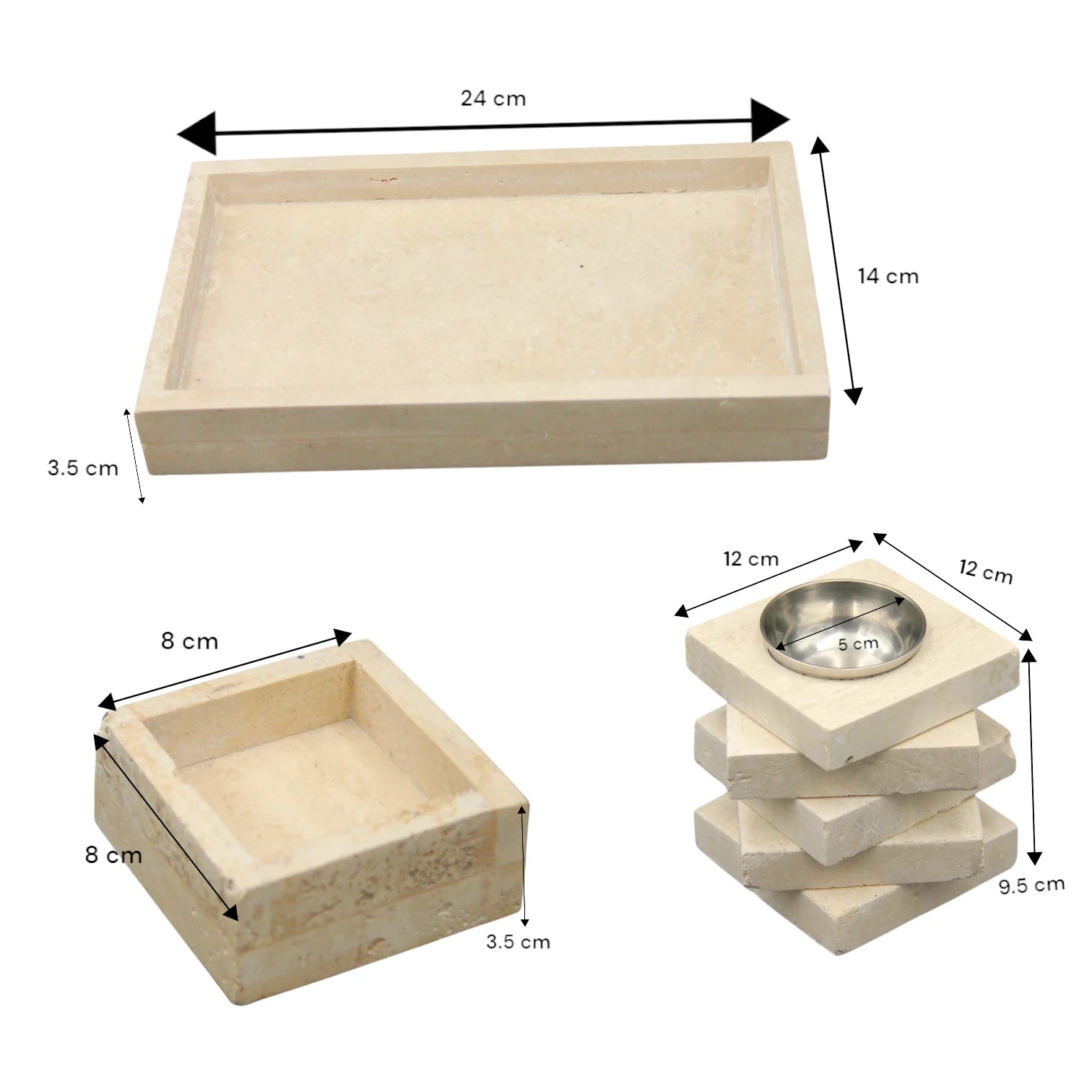 Damoo 3-Piece Natural Stone Incense Burner Set – Rectangular Tray, Ash Catcher, and Tower Diffuser with Metal Holder – Handcrafted Beige Marble Look" - Damoo