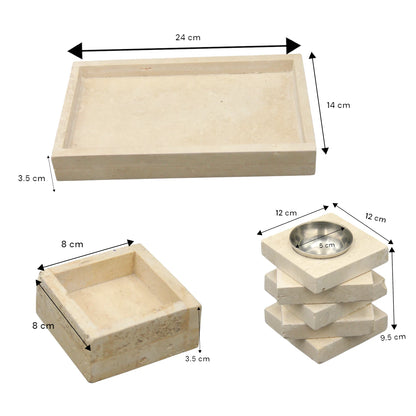 Damoo 3-Piece Natural Stone Incense Burner Set – Rectangular Tray, Ash Catcher, and Tower Diffuser with Metal Holder – Handcrafted Beige Marble Look" - Damoo