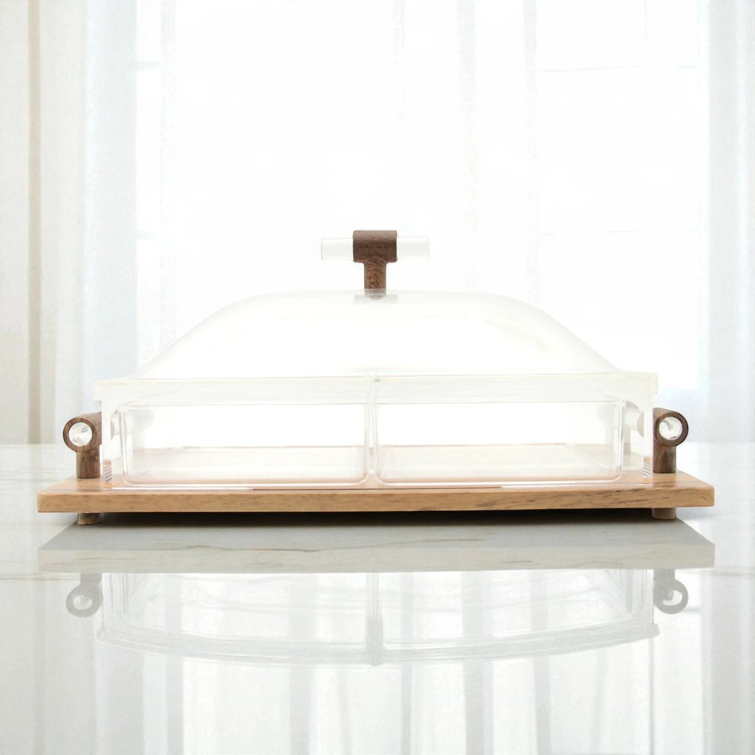 Damoo Acrylic & Wood Candy Box with Dual Compartments and Arabic Calligraphy – Covered Serving Box with Handle Tray - Damoo