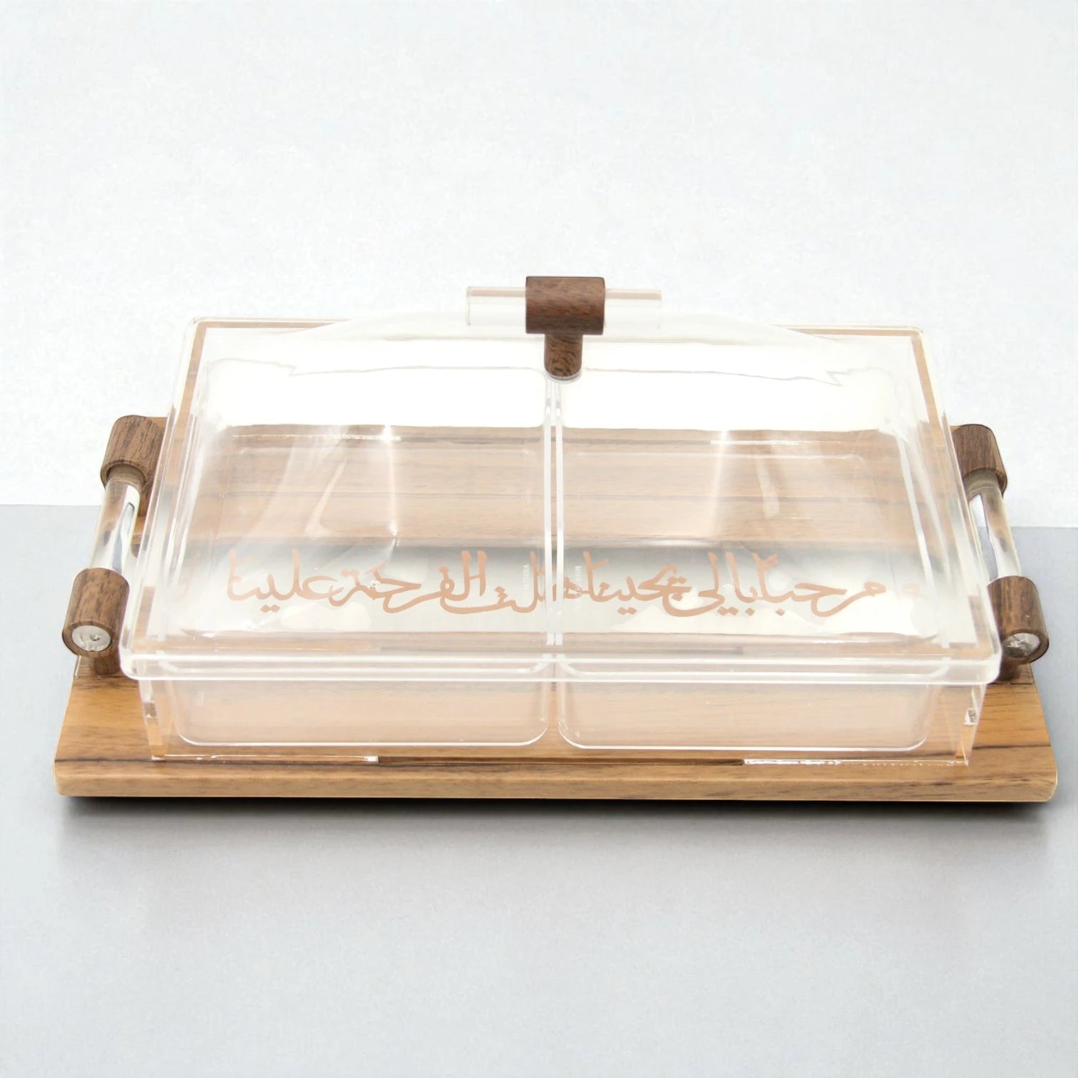 Damoo Acrylic & Wood Candy Box with Dual Compartments and Arabic Calligraphy – Covered Serving Box with Handle Tray - Damoo