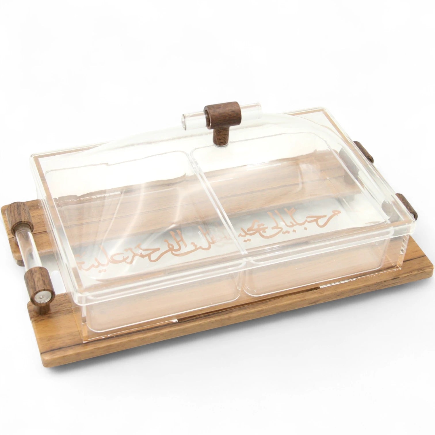 Damoo Acrylic & Wood Candy Box with Dual Compartments and Arabic Calligraphy – Covered Serving Box with Handle Tray - Damoo