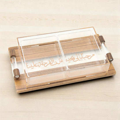 Damoo Acrylic & Wood Candy Box with Dual Compartments and Arabic Calligraphy – Covered Serving Box with Handle Tray - Damoo