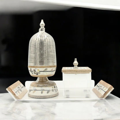Damoo Arabic-Inspired Luxury Incense Burner Set with Floral Wood – Includes Decorative Metal Mabkhara & Clear Storage Box with Wooden Lid for Oud, Bukhoor - Damoo