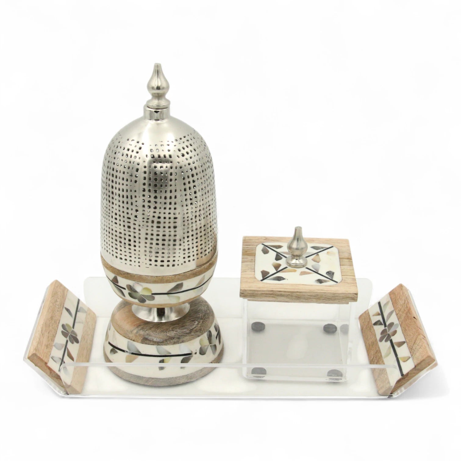Damoo Arabic-Inspired Luxury Incense Burner Set with Floral Wood – Includes Decorative Metal Mabkhara & Clear Storage Box with Wooden Lid for Oud, Bukhoor - Damoo