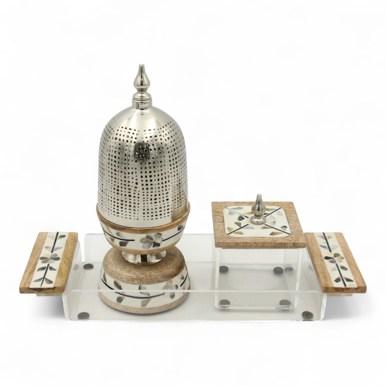 Damoo Arabic-Inspired Luxury Incense Burner Set with Floral Wood – Includes Decorative Metal Mabkhara & Clear Storage Box with Wooden Lid for Oud, Bukhoor - Damoo