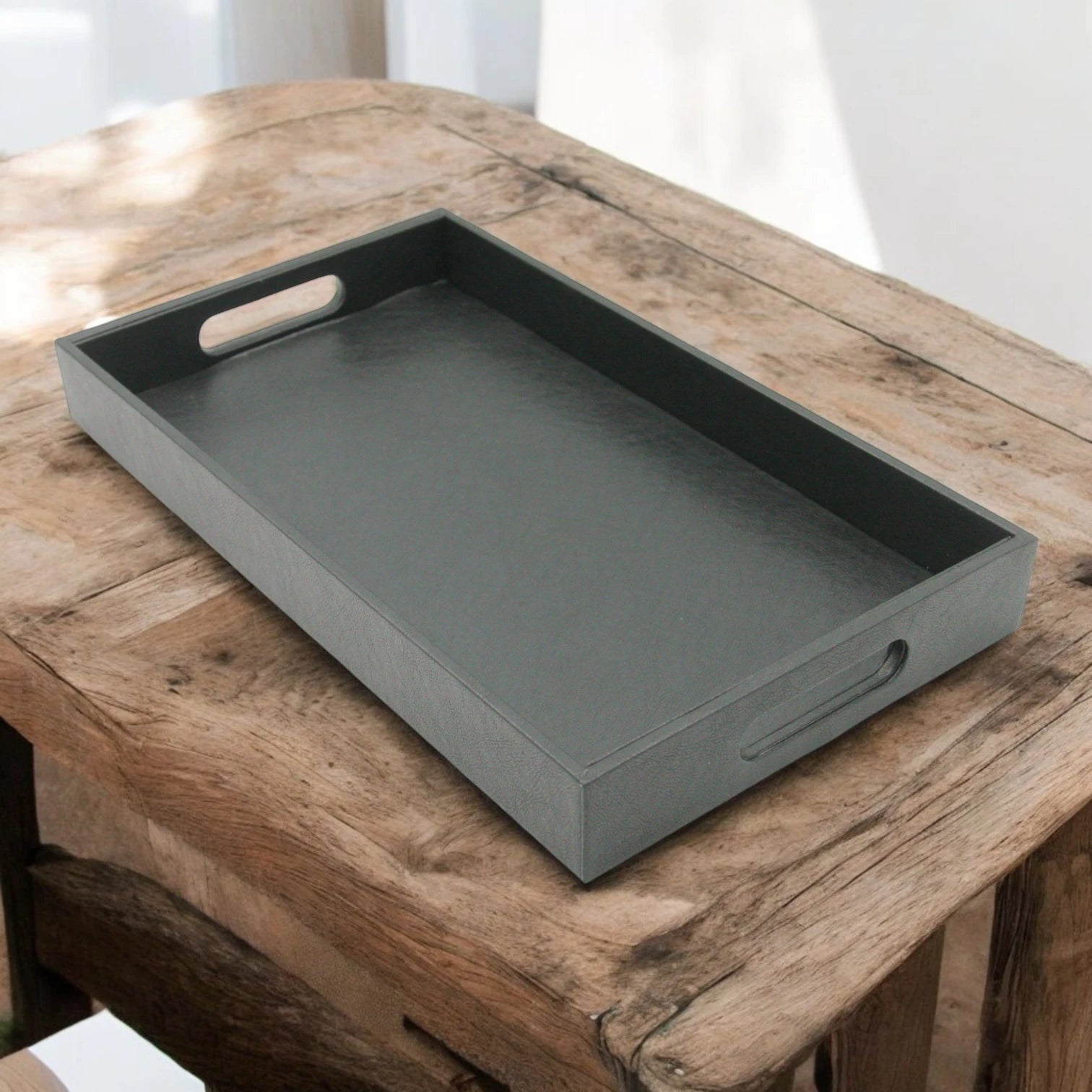 Damoo Black Faux Leather Serving Tray with Handles – Rectangular Organizer Tray for Kitchen, Office, Coffee Table, or Bathroom - Damoo