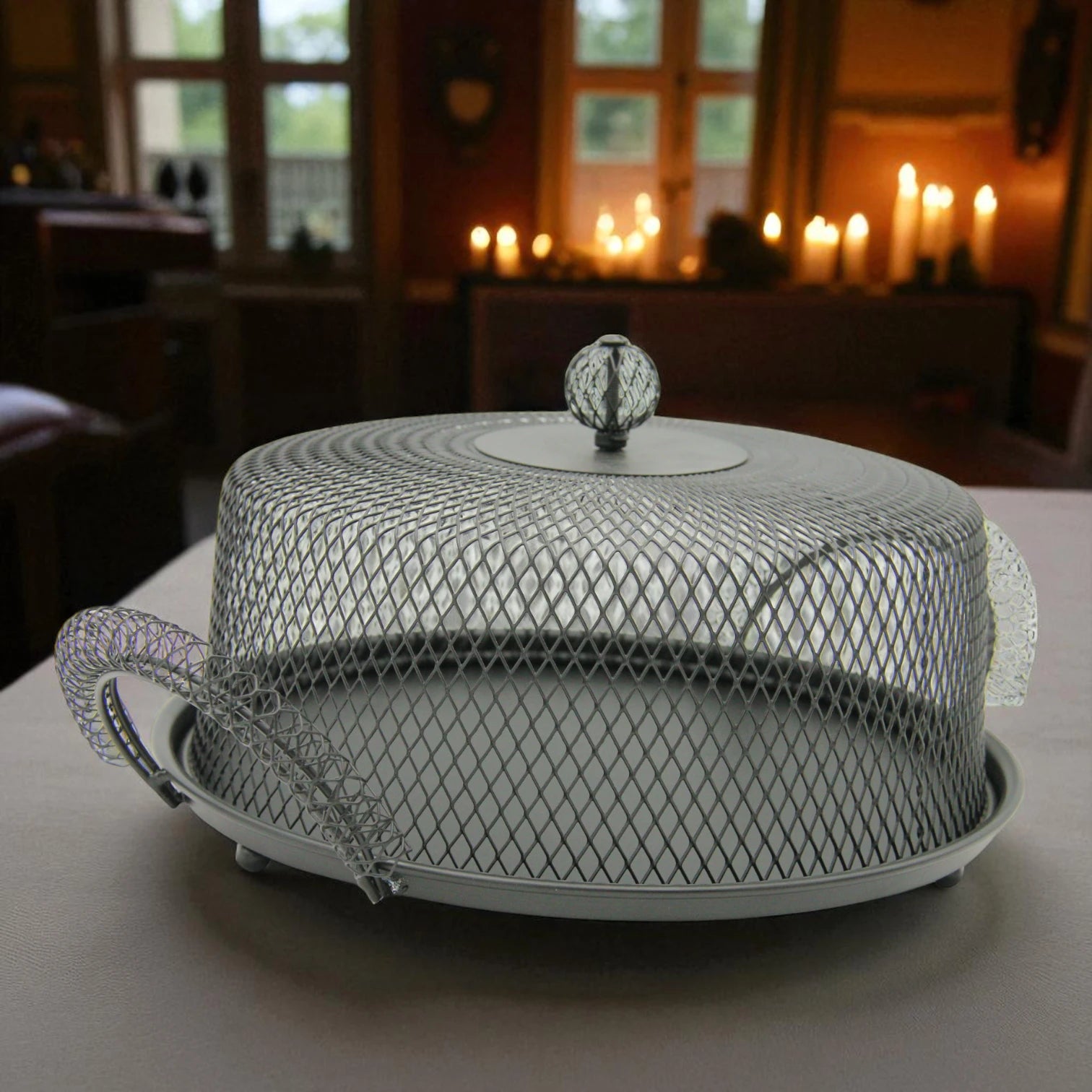 Damoo Black Metal Mesh Food Cover Tray with Handles – Decorative Dome Lid Snack Display for Fruits, Pastries, Desserts & Outdoor Serving Protection - Damoo