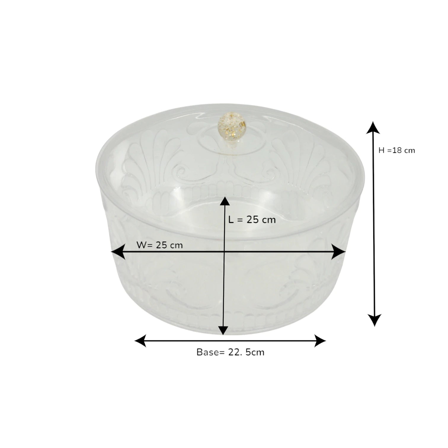 Damoo Classic Embossed Acrylic Serving Bowl with Lid – Round Decorative Container with Elegant Clear Floral Pattern & Golden Knob – Ideal for Sweets, Dry Fruits, Snacks, or Storage - Damoo