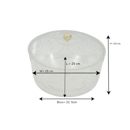 Damoo Classic Embossed Acrylic Serving Bowl with Lid – Round Decorative Container with Elegant Clear Floral Pattern & Golden Knob – Ideal for Sweets, Dry Fruits, Snacks, or Storage - Damoo