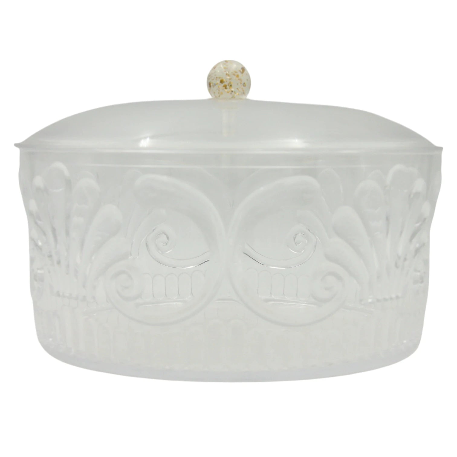 Damoo Classic Embossed Acrylic Serving Bowl with Lid – Round Decorative Container with Elegant Clear Floral Pattern & Golden Knob – Ideal for Sweets, Dry Fruits, Snacks, or Storage - Damoo