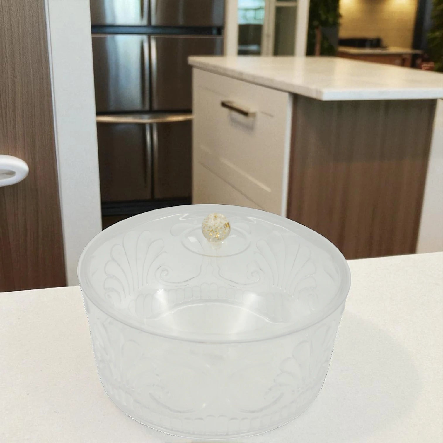 Damoo Classic Embossed Acrylic Serving Bowl with Lid – Round Decorative Container with Elegant Clear Floral Pattern & Golden Knob – Ideal for Sweets, Dry Fruits, Snacks, or Storage - Damoo