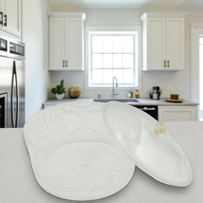 Damoo Classic Embossed Acrylic Serving Bowl with Lid – Round Decorative Container with Elegant Clear Floral Pattern & Golden Knob – Ideal for Sweets, Dry Fruits, Snacks, or Storage - Damoo