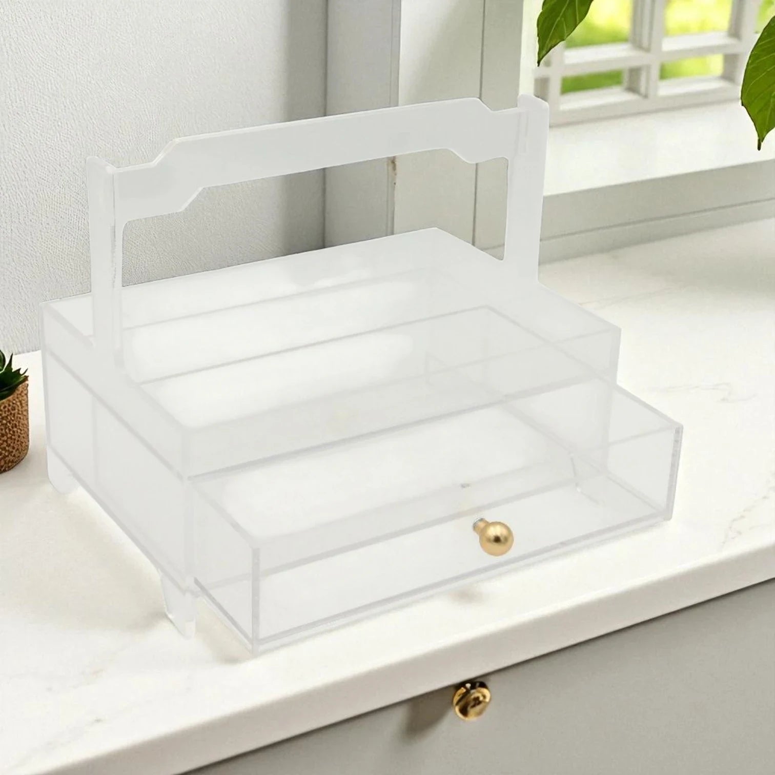 Damoo Clear Acrylic Organizer Tray with 1 Drawers & Gold Handles – Elegant Storage for Makeup, Jewelry & Vanity Décor - Damoo