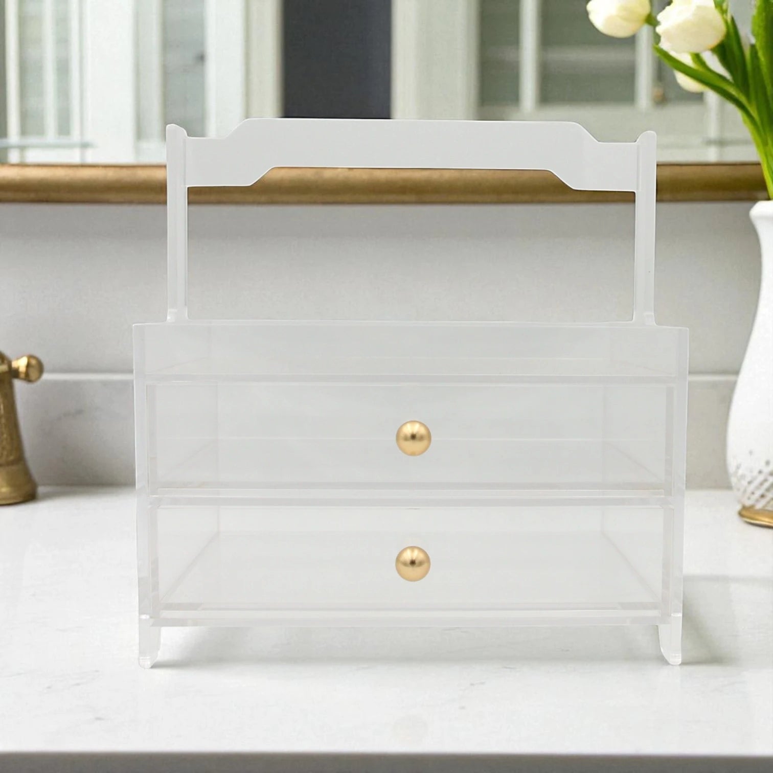 Damoo Clear Acrylic Organizer Tray with 2 Drawers and Gold Handles – Elegant Storage Box for Makeup, Jewelry, Office & Vanity – Transparent Display Case for Home or Salon Use - Damoo