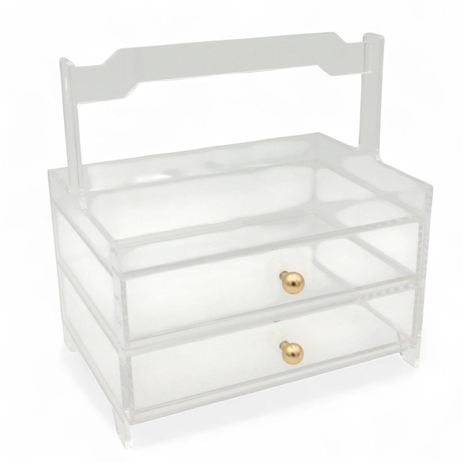 Damoo Clear Acrylic Organizer Tray with 2 Drawers and Gold Handles – Elegant Storage Box for Makeup, Jewelry, Office & Vanity – Transparent Display Case for Home or Salon Use - Damoo