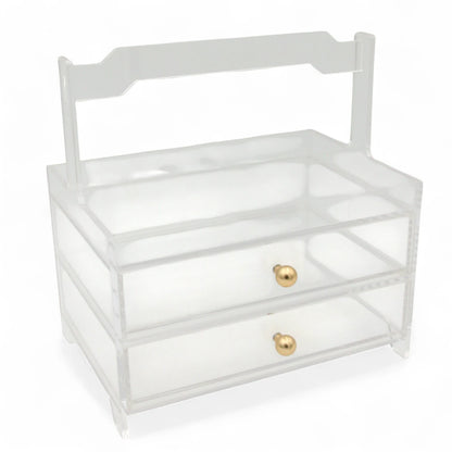 Damoo Clear Acrylic Organizer Tray with 2 Drawers and Gold Handles – Elegant Storage Box for Makeup, Jewelry, Office & Vanity – Transparent Display Case for Home or Salon Use - Damoo
